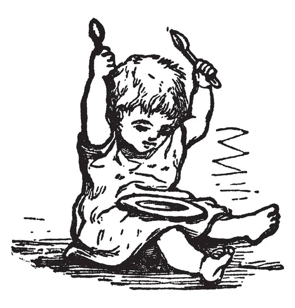 Baby Speelt Met Zijn Eten Deze Figuur Vintage Lijntekening Gravure — Stockvector