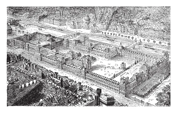 Een Bird Eye View Van Het Louvre Museum Vintage Lijntekening — Stockvector