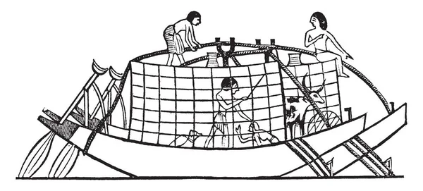 つのエジプトの船係留ロープおよび棒 ビンテージ ライン描画または彫刻の図によって川の銀行に — ストックベクタ