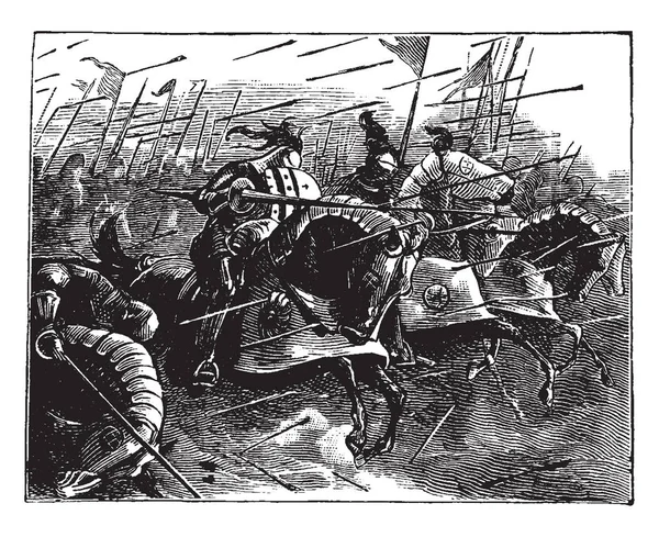 Group Knights Charging Horseback Lances Vintage Line Drawing Engraving Illustration — Stock Vector