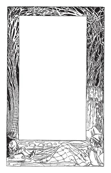 つの奇妙な文字とこのパターン ビンテージの線描画や彫刻イラストの木で飾られたおとぎ話境界線 — ストックベクタ