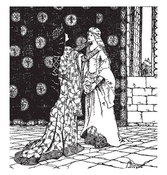 Guinevere ve Enid, bu sahne gösterir iki kadın doğru karşı karşıya duran, bir kadın başka bir dişinin omuz, vintage çizgi çizme veya oyma resimde iki elle tutulur taç giydi