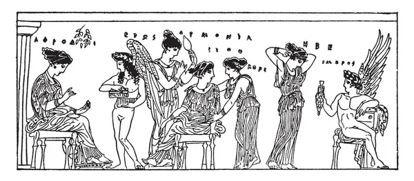 ハルモニアは 女性のグループに囲まれて見られています ギリシャ神話では 彼女は調和とコンコード ビンテージの線描画や彫刻イラストの不滅の女神と考えられています — ストックベクタ