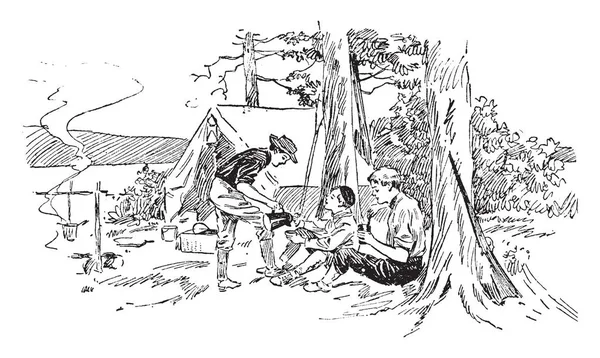 木のそばで休んでいる男の子のヴィンテージスタイルのイラスト — ストックベクタ