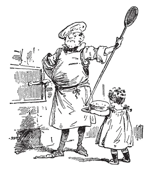 蝙蝠蛋糕 这一幕显示一个男人在女仆礼服烹饪的东西看着小女孩 她提着蛋糕在盘子里 老式的线条画或雕刻插图 — 图库矢量图片