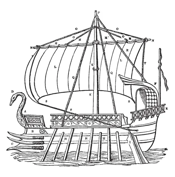 Navis Que Barco Griego Dibujo Línea Vintage Ilustración Grabado — Archivo Imágenes Vectoriales