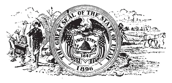 犹他州的印章 1904年 这个圆形的印章有鹰拿着盾牌 盾牌有蜂窝 工业1847写在盾牌上 它有一面是美国国旗的盾牌 复古线画或雕刻插图 — 图库矢量图片