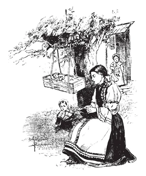 Rus köylüler ağaçlar orada burada her tarafında karayolunda, vintage çizgi çizme veya oyma illüstrasyon vardır.