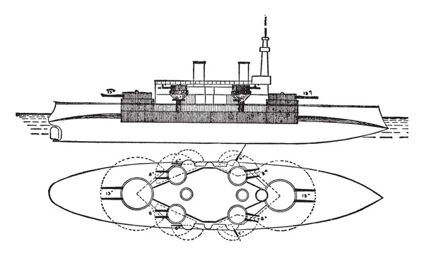 马萨诸塞州战舰的设计 以使类似的敌方战舰直接或间接火从阿森纳的主要枪支 复古线条画或雕刻插图 — 图库矢量图片