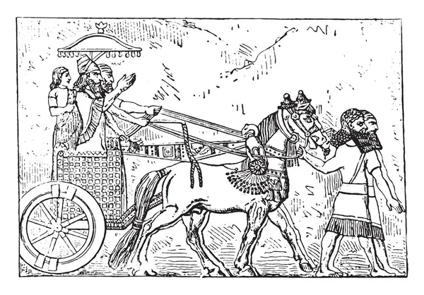 Ashurbanipal Sua Carruagem Vintage Gravada Ilustração — Vetor de Stock