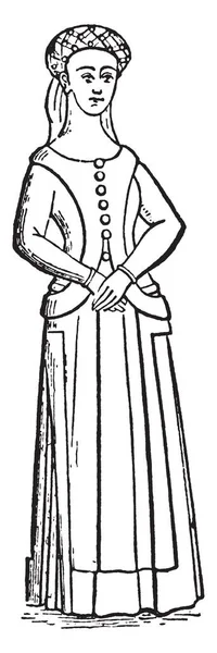 女性のドレス ヴィンテージの線描画や彫刻イラストのエドワード三世権限のある典型的なイラストの娘 — ストックベクタ