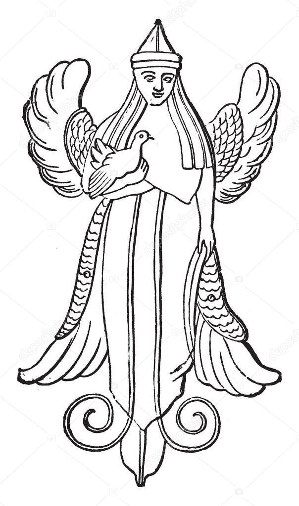 An image of the divinity whom the Phoenicians worshipped as Astarte, or the goddess associated with fertility, sexuality, and war, vintage line drawing or engraving illustration.