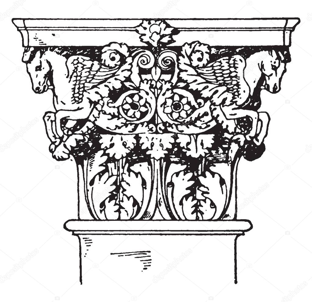 Roman-Corinthian Pilaster Capital, a leaf and floral design,  it volutes with a spiral scroll, like ornaments on the sides, the temple of Mars in Rome, vintage line drawing or engraving illustration.