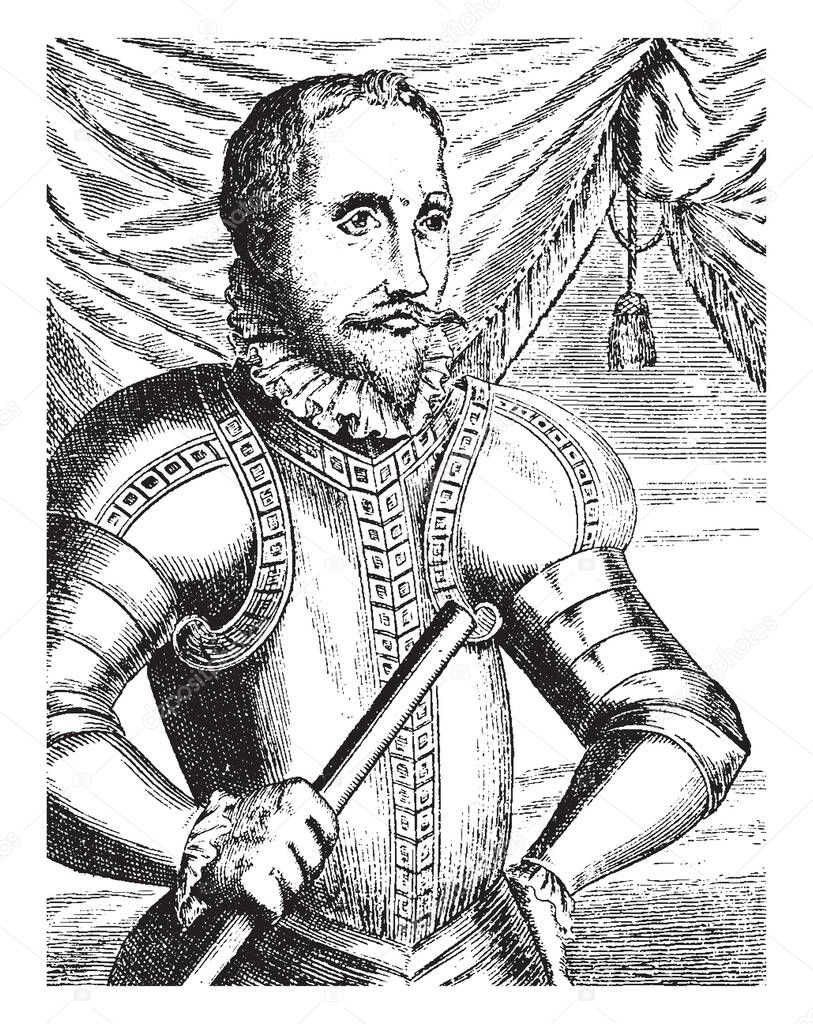 Pedro de Valdivia, 1497-1553, he was a Spanish conquistador and the first royal governor of Chile, vintage line drawing or engraving illustration