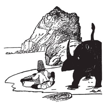 Gergedan var onun cilt, bir adam yere oturuyor ve bir şey, gergedan bu sahne gösterir nasıl duran, tepe adam ve tekerlek üzerinde zemin, vintage çizgi çizme veya oyma illüstrasyon önünde işte