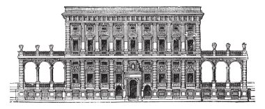 Faade of the Tursi-Doria Palace at Genoa,  the Genoese palaces,  not so great as in the Roman, The purity of style, vintage line drawing or engraving illustration. clipart