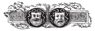 Tiyatro maskesi bölücü tiyatro maskeleri ve bu resim, çizim için vintage veya oyma illüstrasyon üzüm ile.