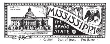 Mississippi, bayou devlet, bu afiş devlet bayrağı devlet house sol tarafta, sağ tarafta, mühür kartal kanatları yayılan geniş ve baş dik, vintage çizgi çizme veya oyma illüstrasyon vardır