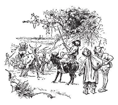 Eşek ve holding mızrak bir yandan ve geriye bakınca iki kişi onun arkasında ona, vintage çizgi çizme veya oyma illüstrasyon önce yürüyüş diğer Hayvanları gezidrime oturan bir adam adam eşek, bu sahne üzerinde gösterir