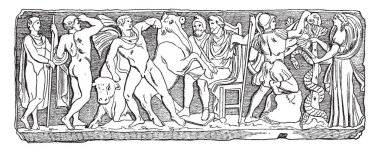 Yüzsüz ayak Yangın nefes boğalarla fethetti ve Altın Post, vintage çizgi çizme veya oyma illüstrasyon çalıyor Jason portresi.