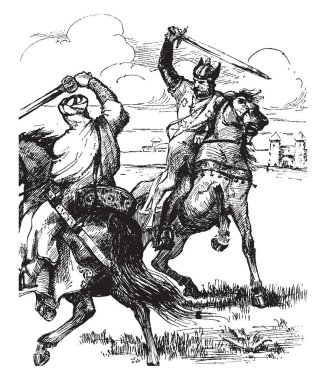 Cid Campeador, this scene shows two horse riders facing towards each other and fighting by raising swords on each other, vintage line drawing or engraving illustration clipart