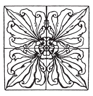 Rönesans kare bir büyük karanlık yaprakları desen, çizim için vintage veya oyma illüstrasyon paneldir.