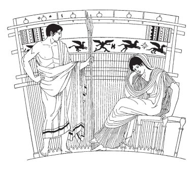Telemakus'um ve Penelope eski bir resmi Penelope keder, tipik poz onun sağ kolu, vintage çizgi çizme veya oyma illüstrasyon meditasyon duruyor onun Merkez over çizilmiş onu peçe ile oturduğu bir dokuma tezgahı önünde.