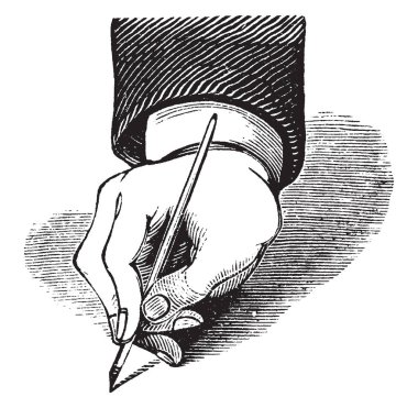 Yanlış hattatlık mı kalemi çok sıkı düzenlendiği tutun, kalem, Penmenship, nesneler, vintage çizgi çizme veya oyma illüstrasyon.