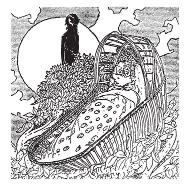 Bebek sahibi hikayesi, vintage çizgi çizme veya oyma illüstrasyon bir sahne.