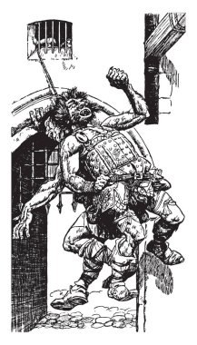 Jack Dev katil, bu sahneyi iki dev adam ve bir dev adam arkasında başka bir dev adam, çizim veya şekil oyma vintage çizgi gösterir