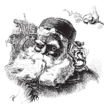 Bu resimde bir Noel Baba bu. O bir ağaç dalı, vintage çizgi çizme veya oyma illüstrasyon oturuyorsun iki kuş vardır.