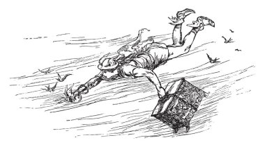 Çocuk cenneti bu sahneyi havaya uçuran bir adam gösterir, o sol ve sağ elinde iki yılan arka plan, vintage çizgi çizme veya illüstrasyon oyma uçan kuşlar kutu vardır