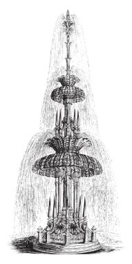 Cam Çeşme Crystal Palace, duvara monte edilmiş tasarımları, cam şelale, vintage çizgi çizme veya oyma illüstrasyon merkezinde bulunur.