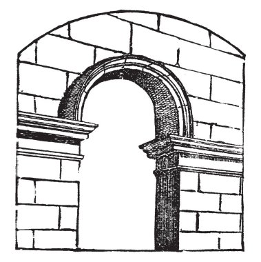 Kemer, eğri, tonozlu, yapısı, yürüyüş yolları, vintage çizgi çizme veya oyma illüstrasyon.