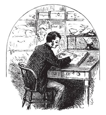 Resepsiyon ve yazılı günlüğü veya yazma, rulo en iyi masa başında oturan, bir günlüğü, vintage çizgi çizme veya oyma illüstrasyon yazma kişi olarak oturan adam.