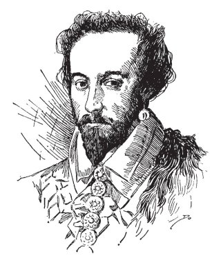 Sir Walter Raleigh bir İngiliz indi gentilmen olduğunu ve aynı zamanda kuzeni efendim Richard Grenville, vintage çizgi çizme veya oyma illüstrasyon.