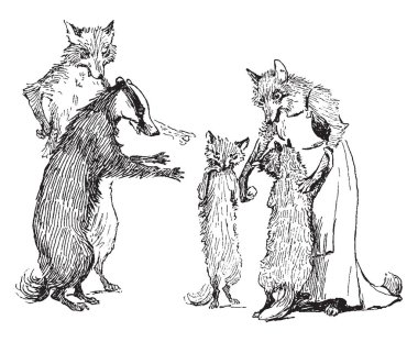 Porsuk fox ailesi, onun karısı ve iki bebek tilki, vintage çizgi çizme veya oyma illüstrasyon selamlıyor