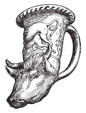 Rhyton öküz başı, vintage illüstrasyon kazınmış.