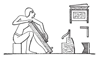 Ahşap kaplama, vintage illüstrasyon kazınmış.