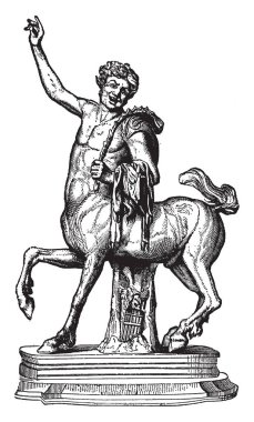Üst beden bir adam ve at geri kalanı vardı canavar bir mitolojik heykel ve onun sağ kolu, vintage çizgi çizme veya oyma illüstrasyon yetiştirdi.
