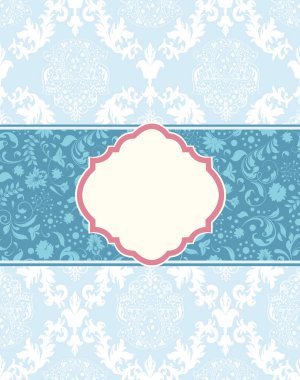 Vintage davetiye süslü zarif retro soyut çiçek tasarım, ışık mavi çiçek ve Hava Kuvvetleri mavi şerit etiket üzerinde soluk açık mavi renkli yapraklarda. Vektör çizim.