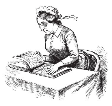 Kadın okuma, Erkek, Bayan, görünüm, tablo, vintage çizgi çizme veya oyma illüstrasyon.