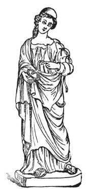 Onun el, vintage çizgi çizme veya oyma illüstrasyon Hygieia bir heykelde bir yılanla bir bardaktan içiyor sağlık sembolü vardı.