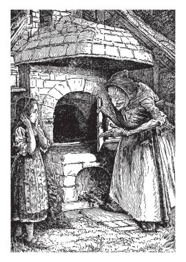 Hansel ve Grethel, yaşlı bir kadın bir şey küçük kıza şömine, vintage çizgi çizme veya oyma resimde gösterilen bu sahne gösterir