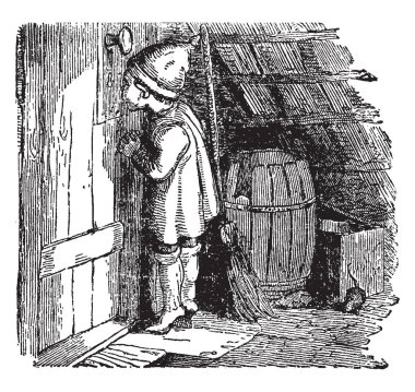 Cin ve Huckster, kapının arkasında onu, vintage çizgi çizme veya oyma illüstrasyon varil anahtar deliği bakarak küçük bir çocuk bu sahne gösterir