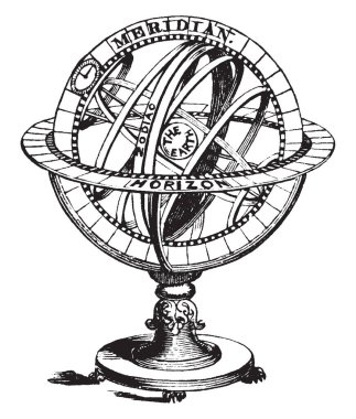 Armillary halkalar tanzimi ve tüm daireler tek küre, vintage çizgi çizme veya oyma illüstrasyon küre.