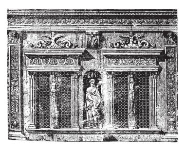 Heidelberg Castle, Almanya, Heidelberg, en önemli Rönesans yapıları kuzeye, vintage çizgi çizme veya oyma illüstrasyon işareti ünlü bir harabe Otto Heinrich binada faade.