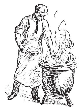 Su ısıtıcısı, vintage çizgi çizme veya oyma illüstrasyon kaynar ile bir adam