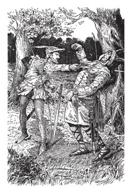 Robin Hood Gisbourne adam, bir adam kılıçla, başka bir adamı öldürmek öldürmek bir kılıç düşen orman, vintage çizgi çizme veya oyma illüstrasyon zemin