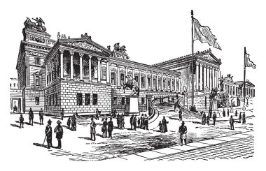 Nerede kendi oturumları, vintage çizgi çizme veya oyma illüstrasyon Avusturya parlamentosu iki ev kuralları Avusturya Viyana'da Parlamento Binası olduğunu.